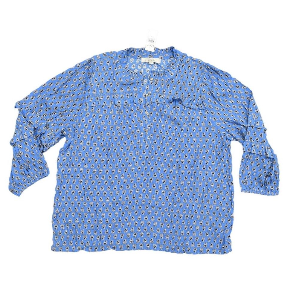 NEW Loft Blue Rayon Blouse 2XL V Neck Layered Long Sleeves V Neck